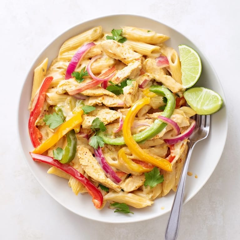 A serving of Fajita Chicken Pasta Skillet garnished with fresh cilantro and lime wedges, ready to enjoy with a Tex-Mex flair.