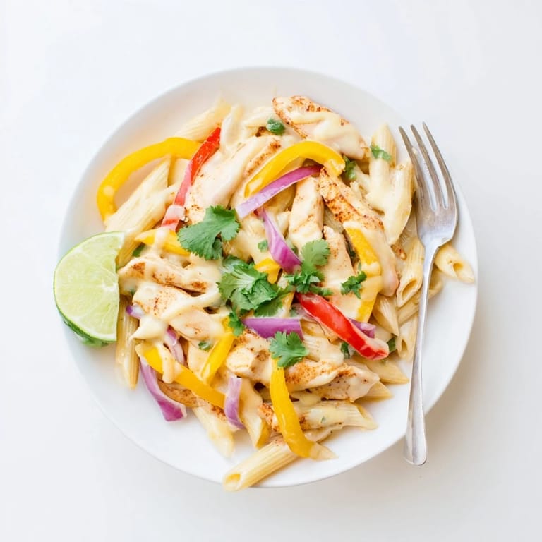 An overhead view of a skillet with Fajita Chicken Pasta, colorful bell peppers, onions, and fajita-spiced chicken strips in a creamy sauce.