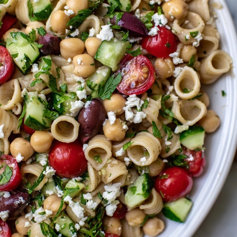 A vibrant bowl of lemon herb chickpea pasta salad, tossed with crisp veggies and a zesty olive oil dressing.
