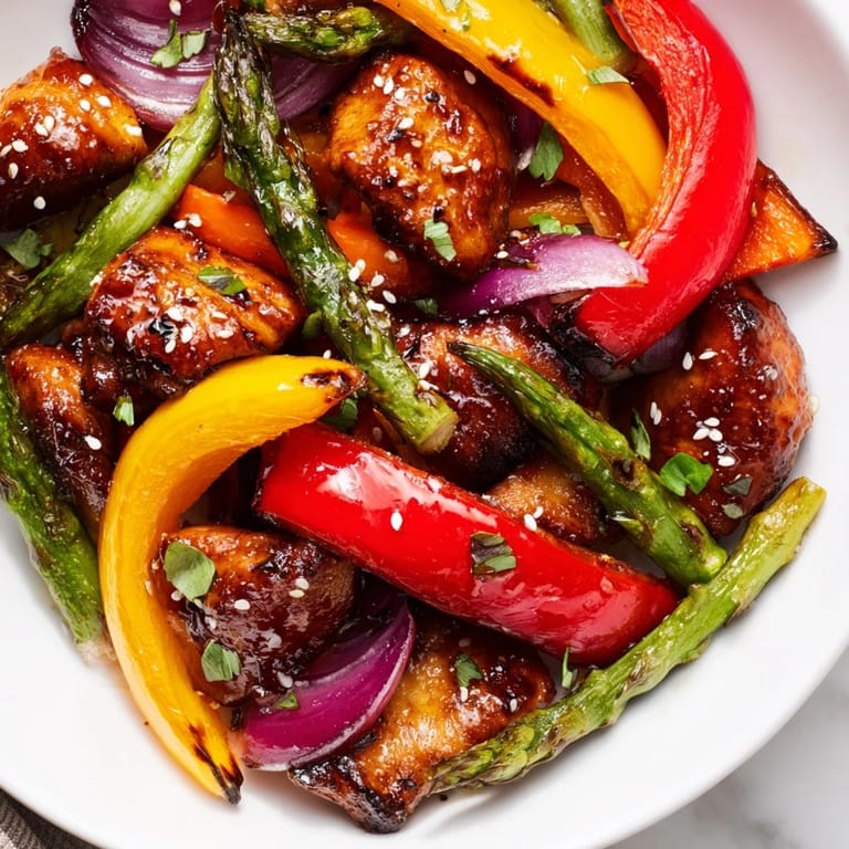 Tender bite-sized chicken and crisp asparagus, bell peppers, and snap peas coated in a sweet-savory honey garlic sauce, freshly roasted and garnished with parsley.