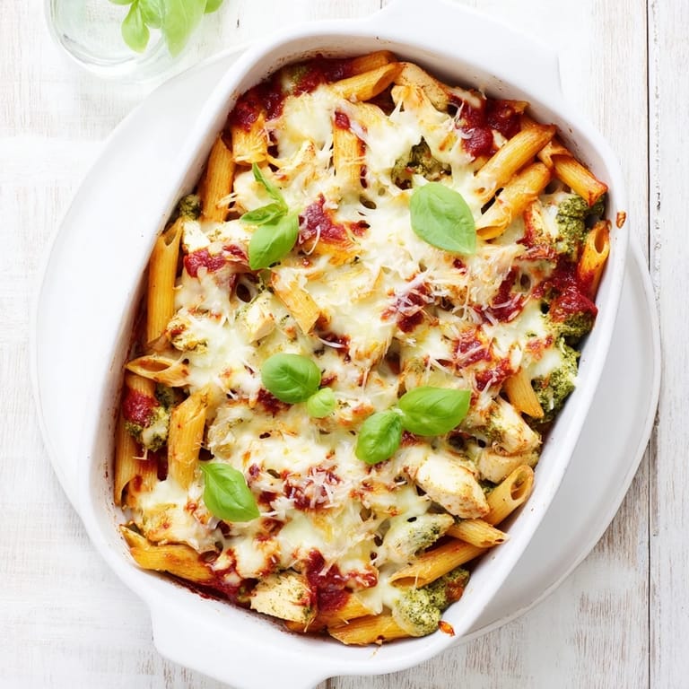 Savory diced chicken and vibrant basil pesto meld with marinara in this baked pasta casserole, topped with melted mozzarella for a gooey, golden finish.