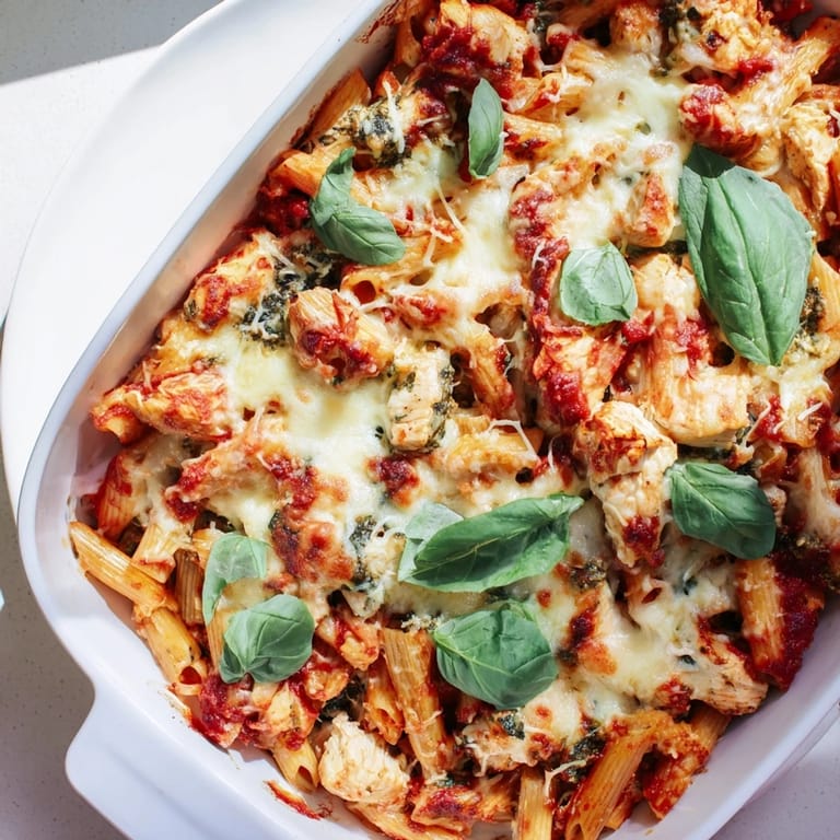 A skillet of Pesto Chicken Pasta Bake rests with fresh basil garnish, highlighting tender pasta, chicken, and herbaceous pesto for an easy weeknight dinner.