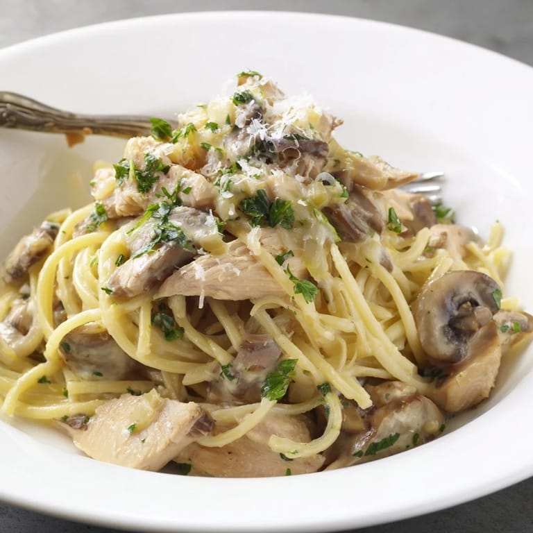 This Italian-inspired creamy mushroom chicken spaghettini offers silky sauce clinging to noodles and chicken, ready for a comforting weeknight dinner at home.
