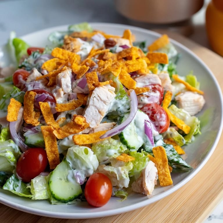 Tender chopped chicken salad with jalapeño ranch, red onion, and cool cucumber for a zesty, refreshing meal.