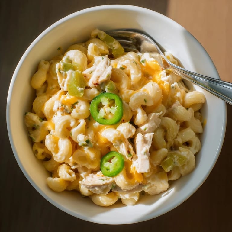 Sizzling Green Chili Chicken Mac is garnished with cilantro and jalapeños, ready to serve with a side salad.