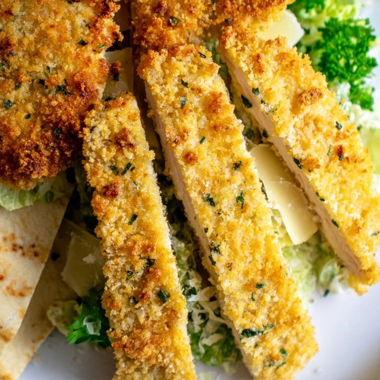 A close-up of herbed chicken Caesar pitas, showcasing the crunchy breading and vibrant salad inside each pocket.  