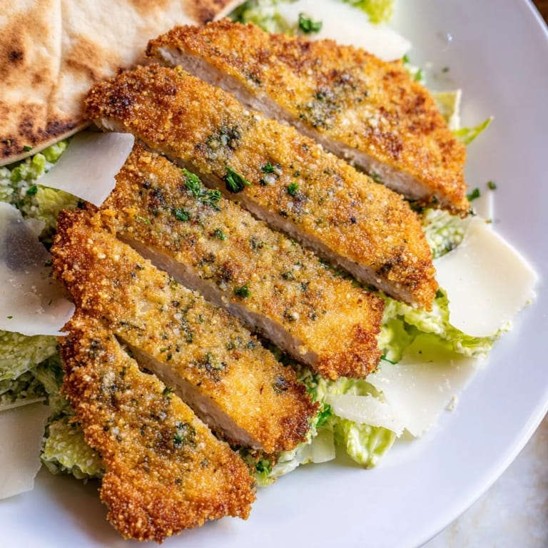 Freshly assembled Crispy Herbed Chicken Caesar Pitas with golden chicken strips and shaved Parmesan on a rustic table.