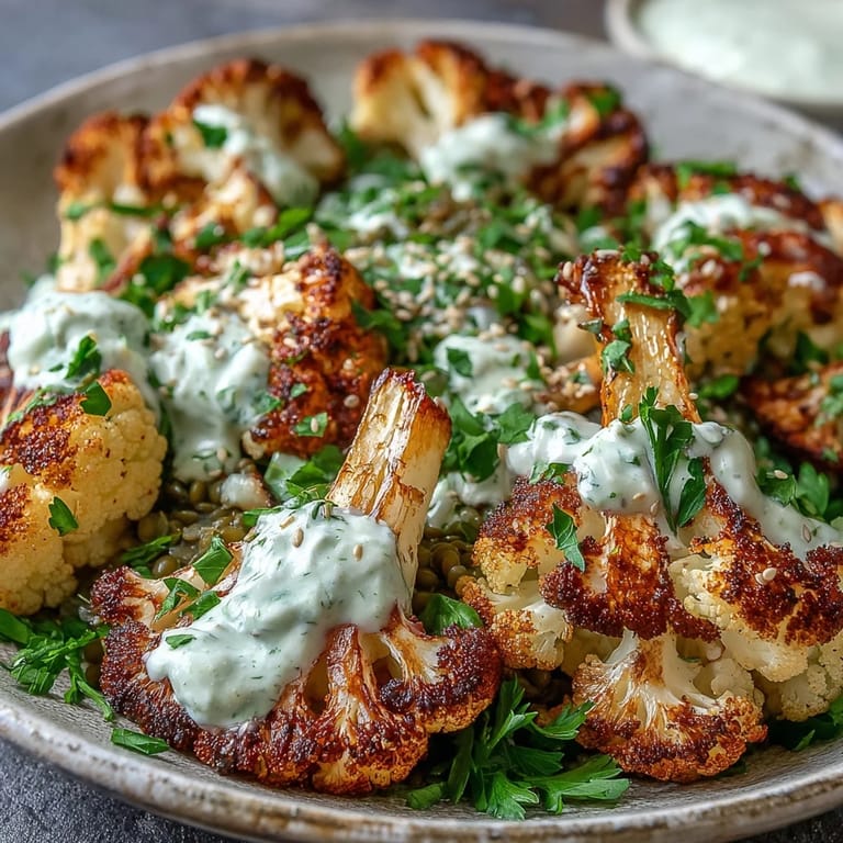 Golden roasted cauliflower florets meet zesty lemon lentils and cumin yogurt.