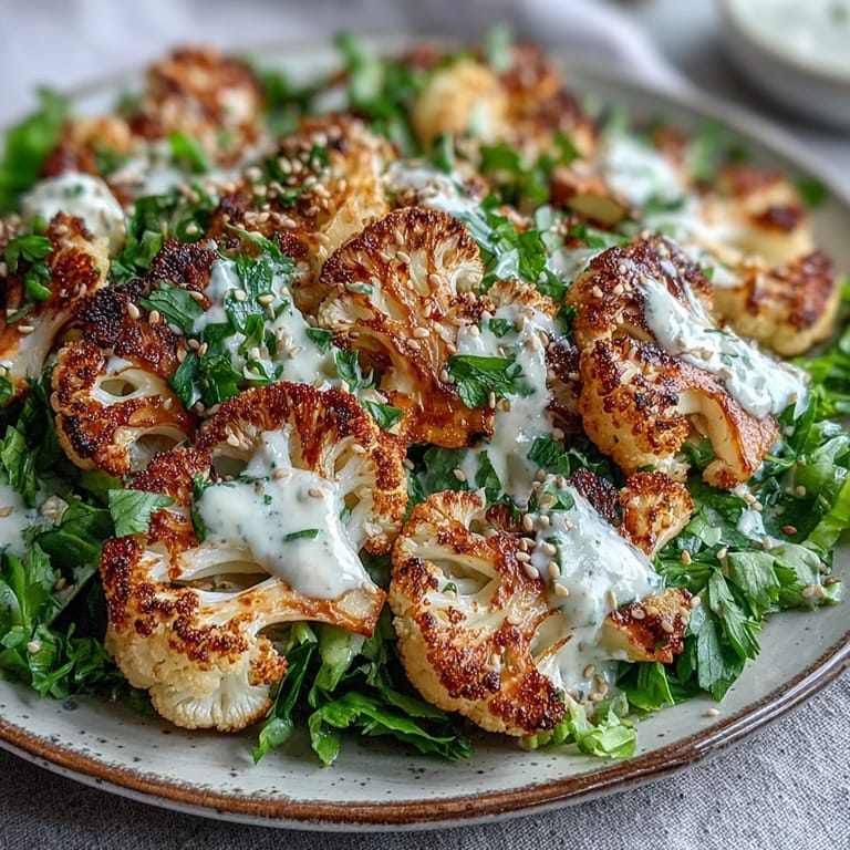 Beautiful platter of roasted cauliflower with lentils and tahini yogurt sauce.