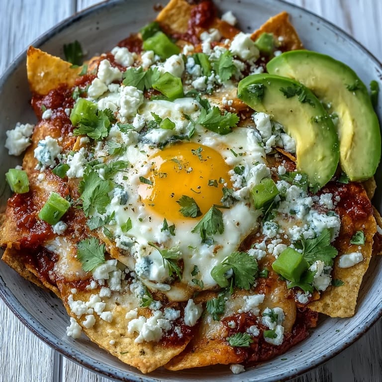 Hearty chilaquiles piled high with toppings and a perfectly fried egg.
