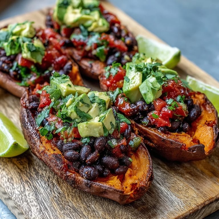 Hearty roasted sweet potatoes topped with vibrant chipotle black beans and fresh salsa.