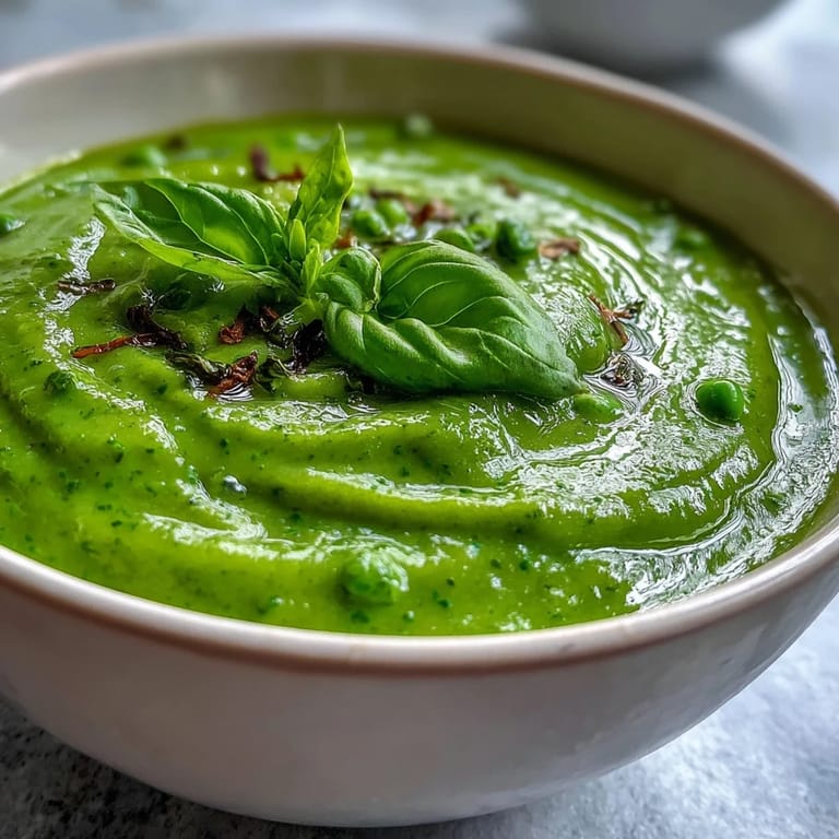 A hearty bowl of courgette, pea and pesto soup, perfect for a light lunch.