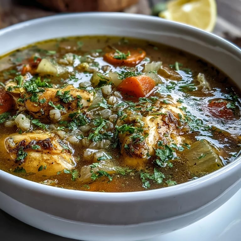 Savory Soothing Turmeric Chicken With Pearl Barley, a warming, dairy-free soup perfect for chilly evenings.