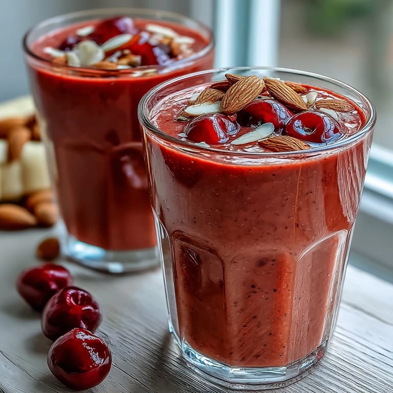 Tart cherry almond smoothie bursting with nutty flavor, wonderfully refreshing and easy.