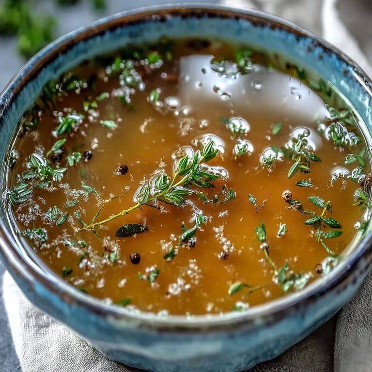 Aromatic homemade vegetable broth from scraps being strained through a fine-mesh sieve.