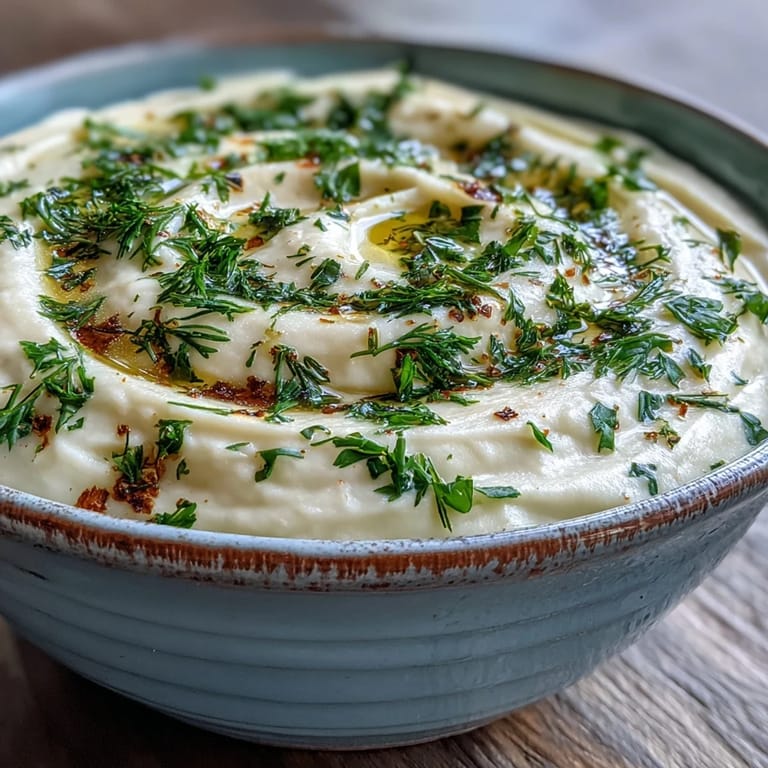 Earthy roasted parsnip and herb soup ladled into a white bowl, with a crusty bread slice nearby.