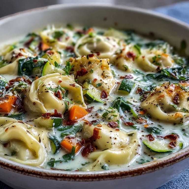 Top-down view of Creamy Vegetable Tortellini Soup in a white ceramic bowl, garnished with fresh basil and a sprinkle of Parmesan.