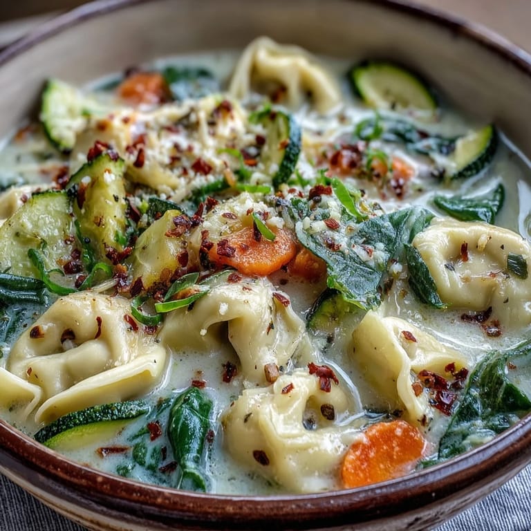 A close-up of Creamy Vegetable Tortellini Soup, showing vibrant carrots and zucchini in a ladleful of the hearty Italian-inspired dish.