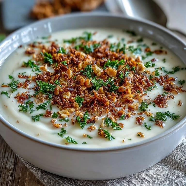 Golden Celeriac Soup with Hazelnut Crumble next to crusty artisan bread slices.
