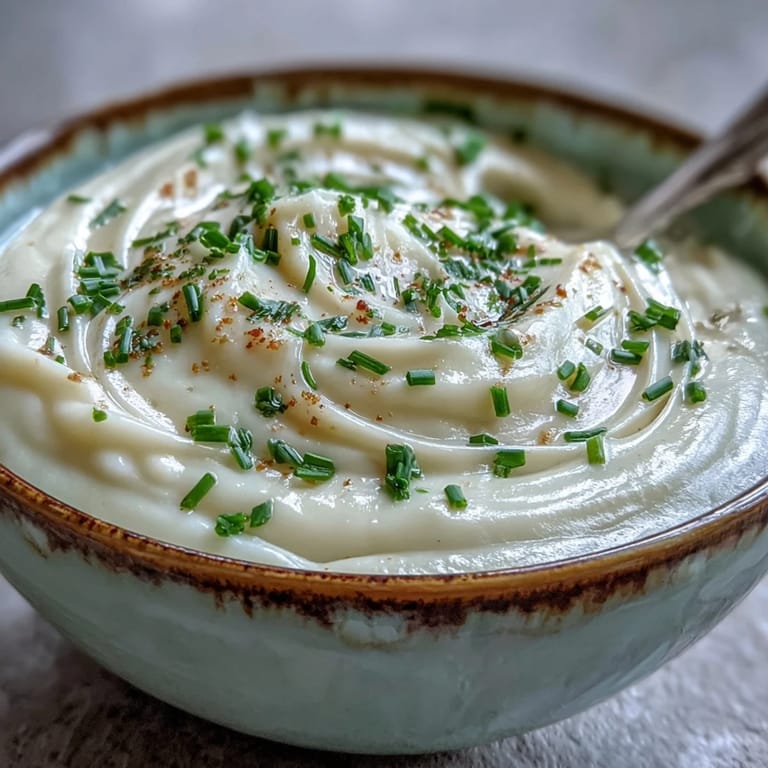 Spoon dipping into velvety Creamy Celery Root Bisque served with crusty artisan bread on the side.