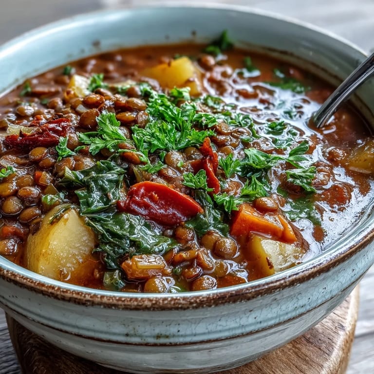 Steaming pot of Vegetarian Lentil Stew filled with vibrant red bell peppers and potatoes, perfect for a cozy vegan dinner.
