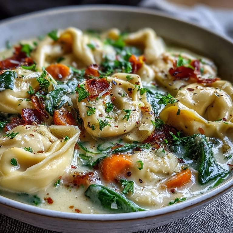A ladle serves hot Easy Tortellini Soup With Chicken Broth into a rustic bowl beside crusty bread.