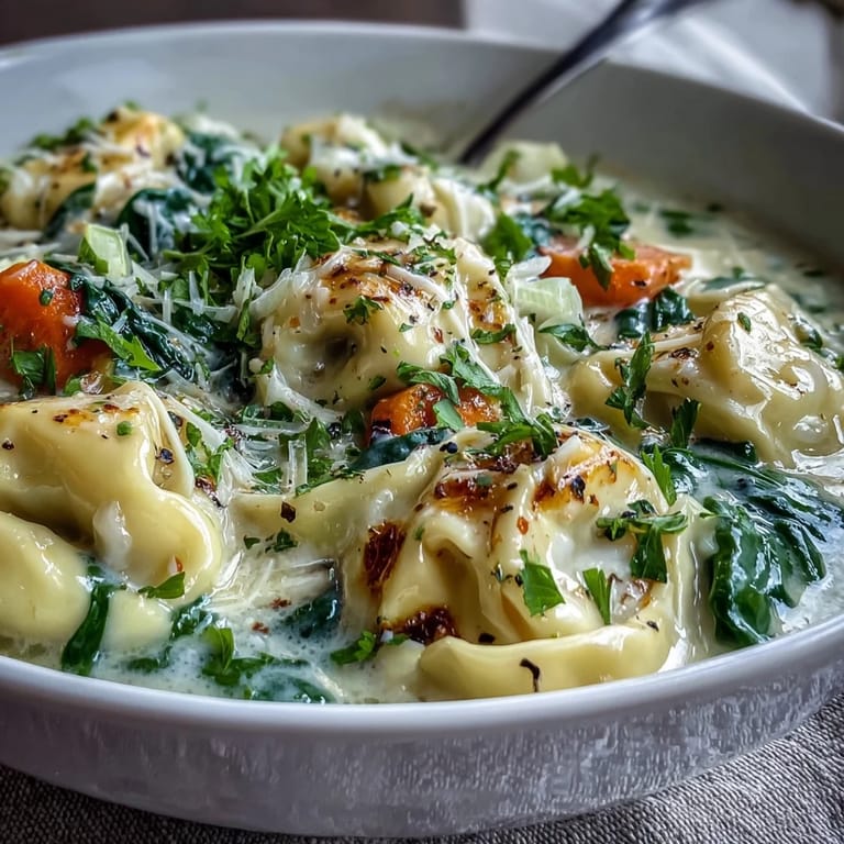 Steaming Easy Tortellini Soup With Chicken Broth features wilted spinach, carrots, and cheese tortellini in a creamy broth.