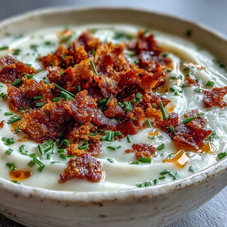 A bowl of Creamy Celeriac Soup with Crispy Bacon garnished with chives, ready to serve with crusty bread.