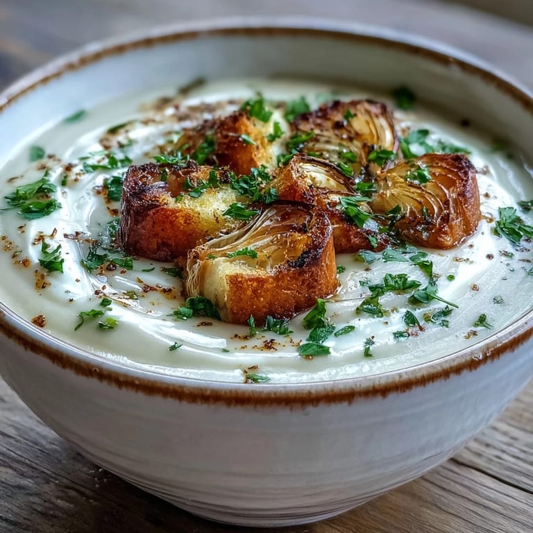 An immersion blender purées golden roasted garlic with chopped vegetables in a large pot for this Roasted Garlic Soup.