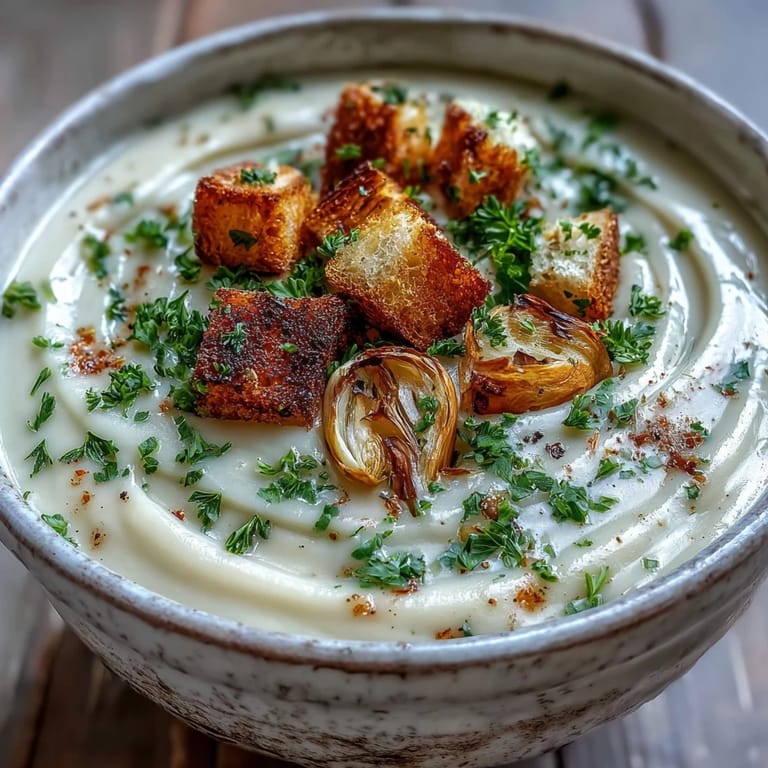 Roasted Garlic Soup served hot in a rustic bowl, drizzled with olive oil, alongside crusty bread for dipping.
