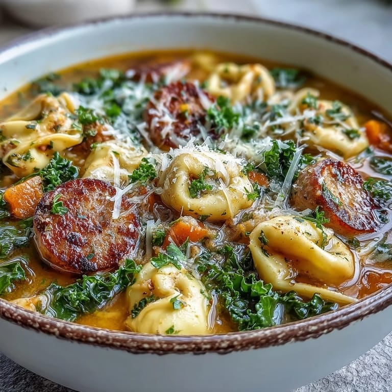 Pumpkin Tortellini Soup with hearty chicken sausage and vibrant green kale for a cozy autumn dinner.