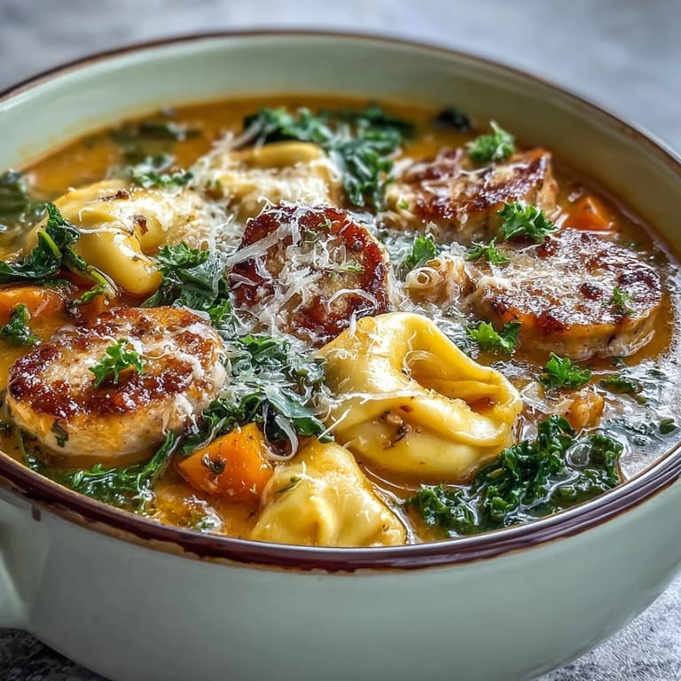 Steaming bowl of Pumpkin Tortellini Soup featuring cheesy tortellini and a swirl of cream for serving.