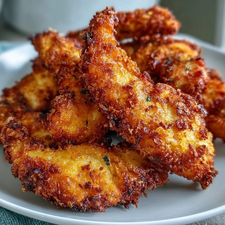 Close-up of golden-brown Crispy Turmeric Chicken Tenders with a side of creamy white dip, ideal for a quick weeknight dinner.