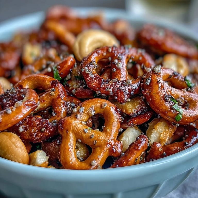 A close-up of golden-baked Everything Ranch Cheese and Pretzel Snack Mix with cheesy crackers and pretzels.