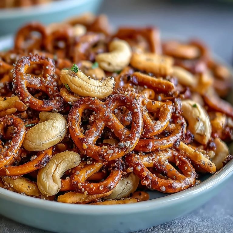 Freshly baked Everything Ranch Cheese and Pretzel Snack Mix cooling on parchment paper, ready for game day.