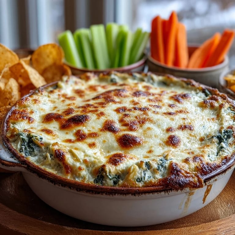 Creamy Spinach Artichoke Dip straight from the oven, garnished with parsley and paired with crunchy toasted baguette slices.