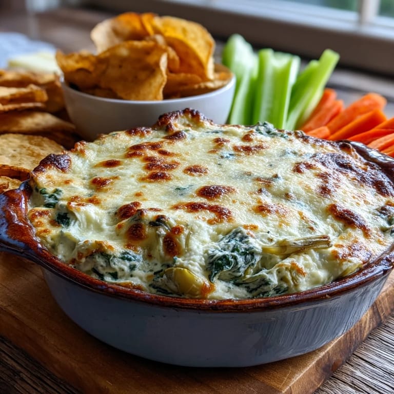 Homemade Spinach Artichoke Dip with melted mozzarella, ready to serve with carrot sticks and celery on a wooden table.