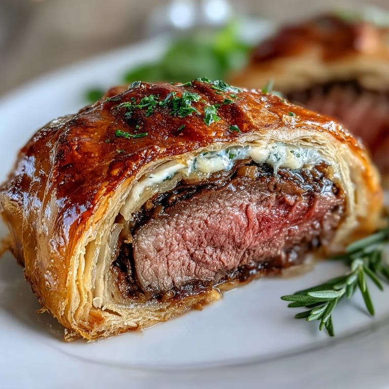 Sliced Beef Wellington plated for a special occasion, flaky pastry wrapped around savory mushroom duxelles with fresh thyme and prosciutto layers.