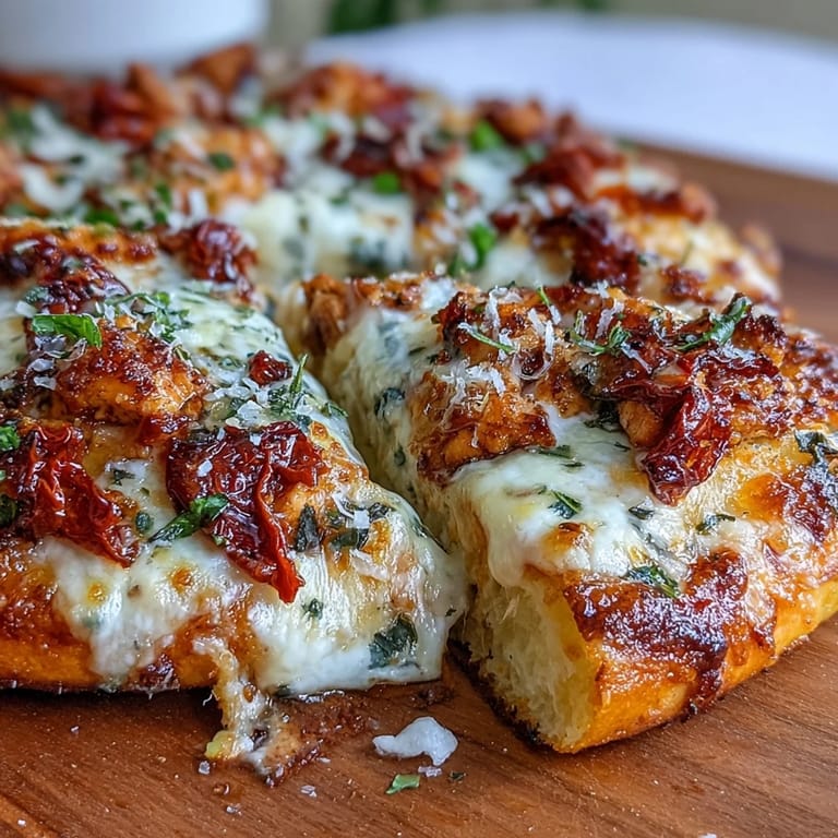 A slice of Marry Me Chicken Pizza being lifted, revealing a cheesy, creamy chicken and tomato topping.