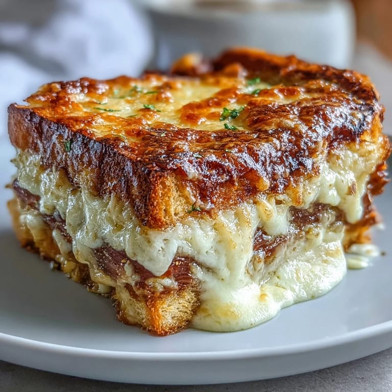 A close-up of baked Croque Monsieur Casserole revealing buttery bread, melted Gruyère, and golden-brown béchamel topping on a rustic table.