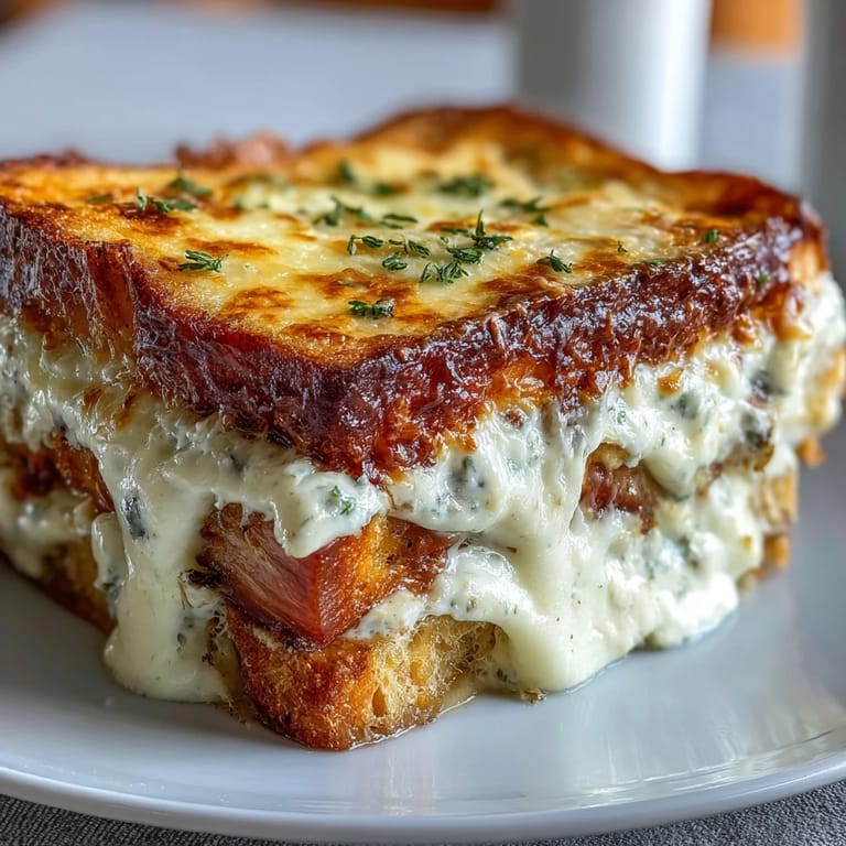 Freshly baked Croque Monsieur Casserole with melted Gruyère and golden béchamel, paired with a crisp green salad for a French brunch.