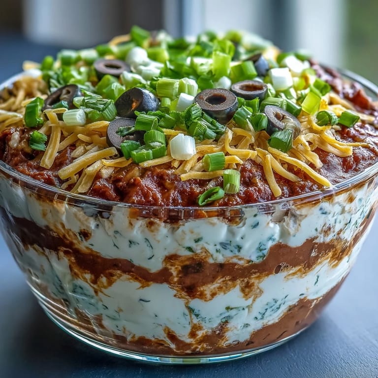 A spoonful of 4-Way Layered Dip shows refried beans, sour cream, and chunky salsa with fresh cilantro and diced tomatoes.