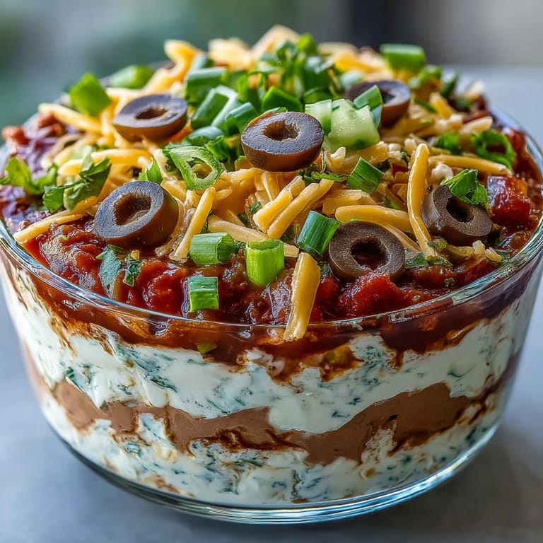 Overhead view of 4-Way Layered Dip with black olives, cheddar, and bell peppers, surrounded by crunchy tortilla chips for dipping.