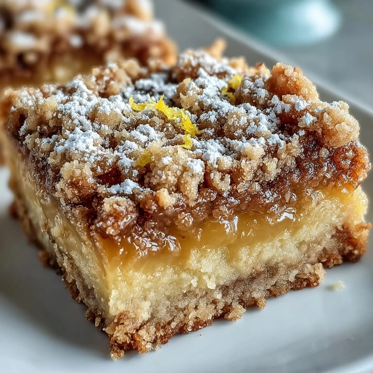 Homemade Lemon Crumb Bars with a glass of milk and lemon zest garnish for a sweet treat.
