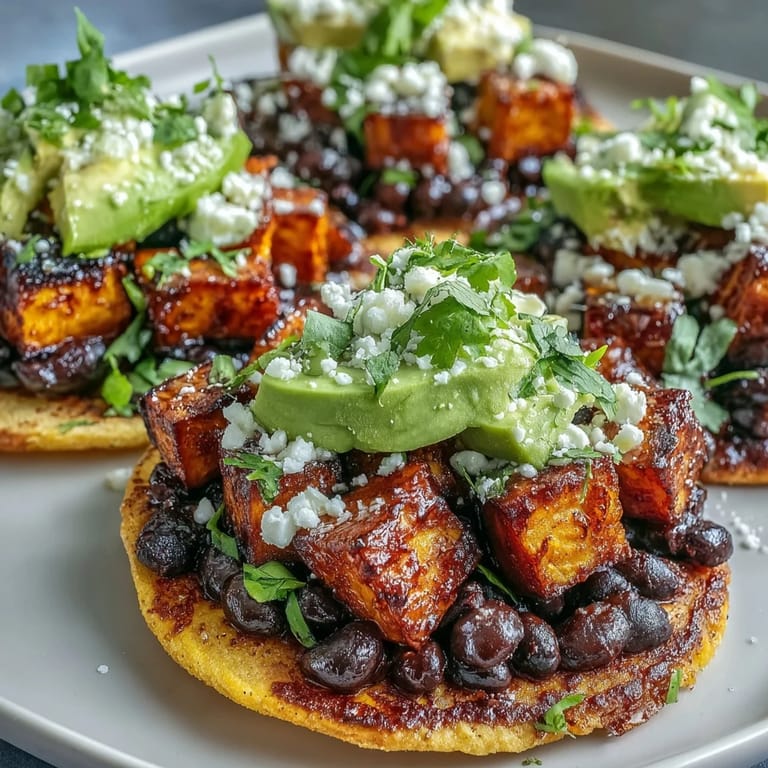 A vibrant platter of vegetarian sweet potato tostadas ready to serve, featuring golden roasted cubes and a bright corn and black bean topping. 