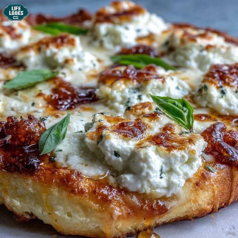 A thick, fluffy crust is topped with creamy ricotta and drizzled with spicy honey.