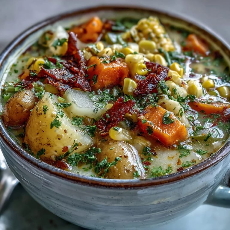 Amish Snow Day Soup simmering in a pot with vibrant carrots, potatoes, and green beans.