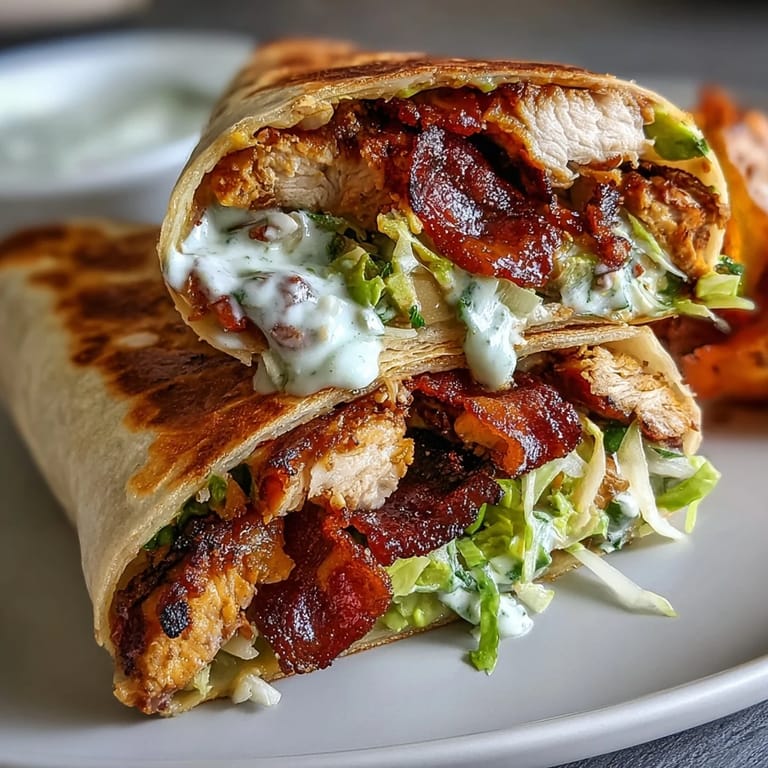 Sliced wrap halves show layers of juicy chicken, smoky bacon, lettuce, tomato, and cheese on a plate.