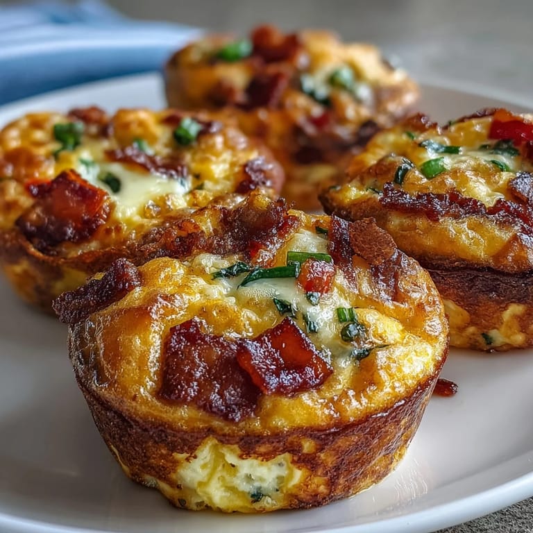 Twelve golden-brown Breakfast Egg Muffins are neatly arranged on a white plate, showcasing a hearty low-carb breakfast or snack.