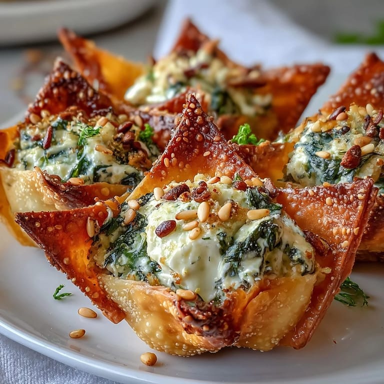 Small wonton cups filled with baked spinach and feta crisps sit beside lemon wedges and a bowl of extra crumbled feta.